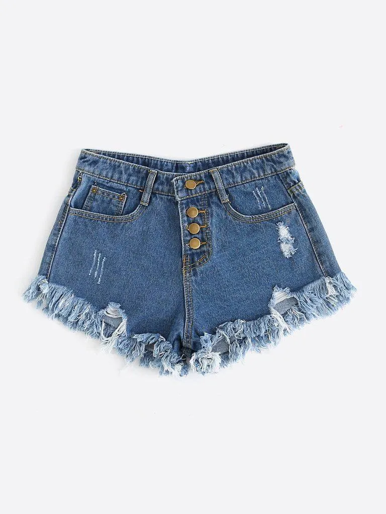 Distressed Fray Hem Denim Shorts