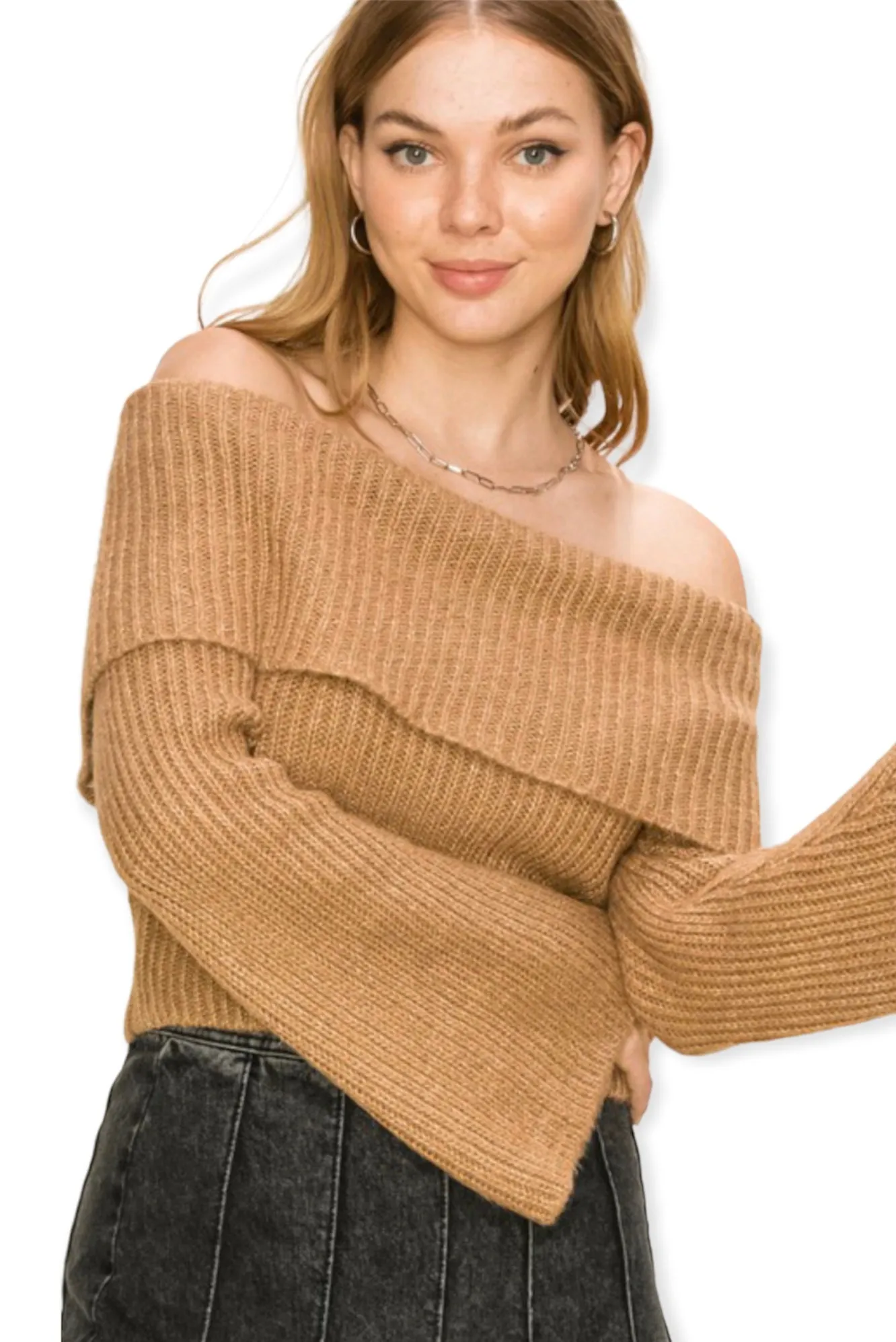 Dream On Off-The-Shoulder Ribbed Sweater