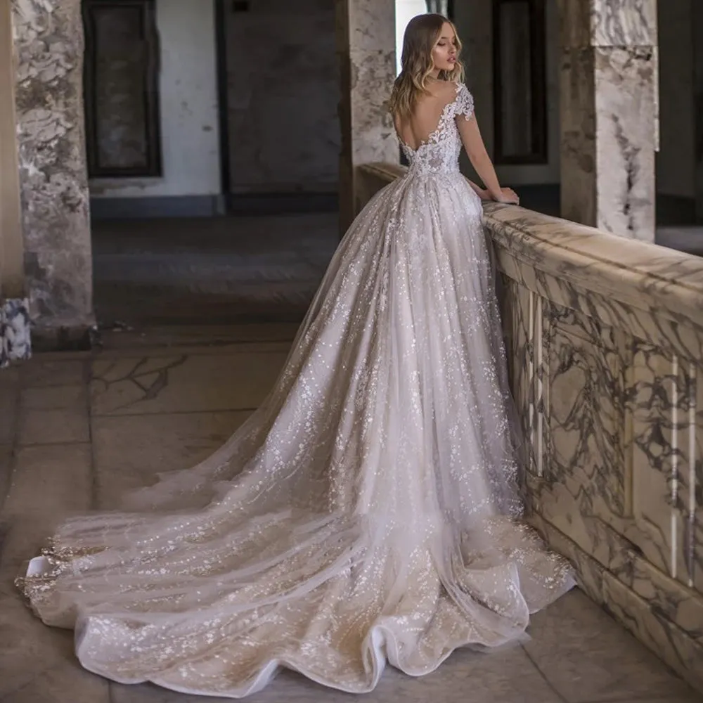 Exquisite Sexy Backless Lace Princess Wedding Dress Luxury Cap Sleeve Appliques Beaded Vintage Bridal Gown