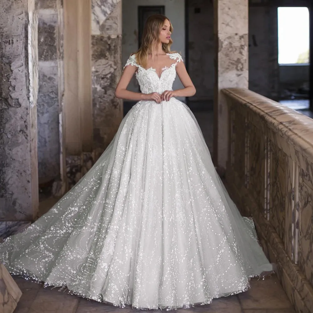 Exquisite Sexy Backless Lace Princess Wedding Dress Luxury Cap Sleeve Appliques Beaded Vintage Bridal Gown