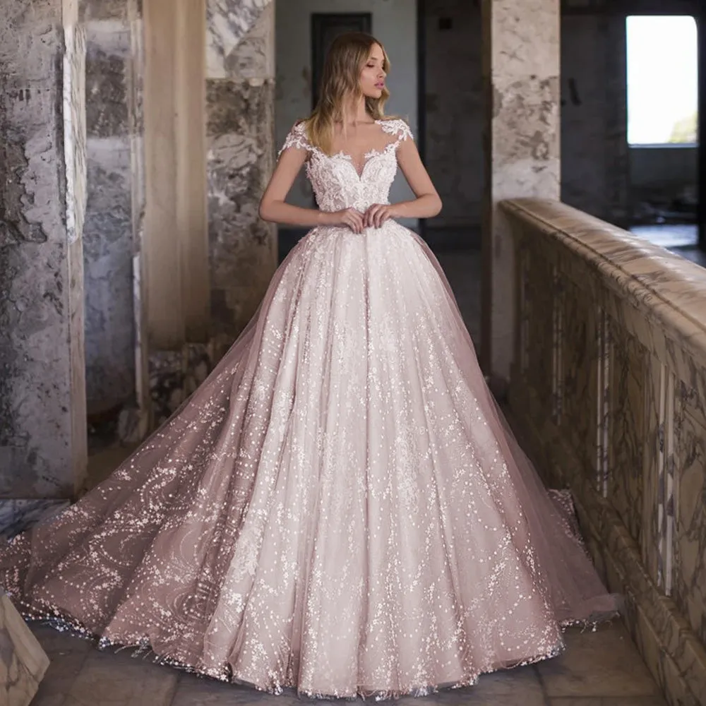 Exquisite Sexy Backless Lace Princess Wedding Dress Luxury Cap Sleeve Appliques Beaded Vintage Bridal Gown