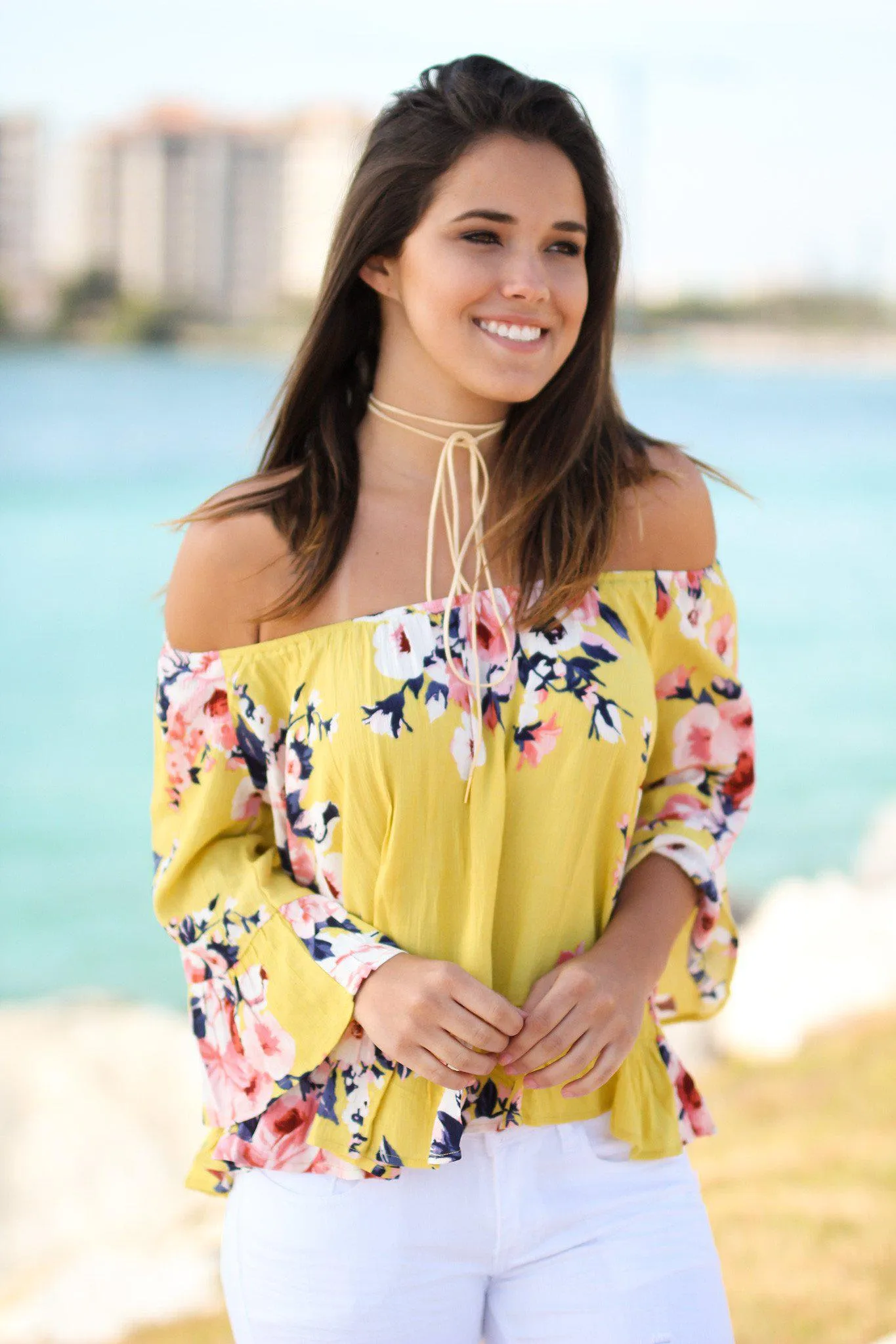 Floral Mustard Off Shoulder Top