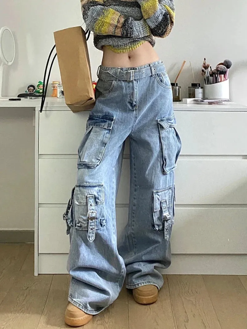 Girlary Autumn Winter New Ladies Cargo Jeans American Street Style Baggy Cargo Pants Women Blue Multi-pocket Wide Leg Jeans for Women