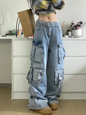 Girlary Autumn Winter New Ladies Cargo Jeans American Street Style Baggy Cargo Pants Women Blue Multi-pocket Wide Leg Jeans for Women