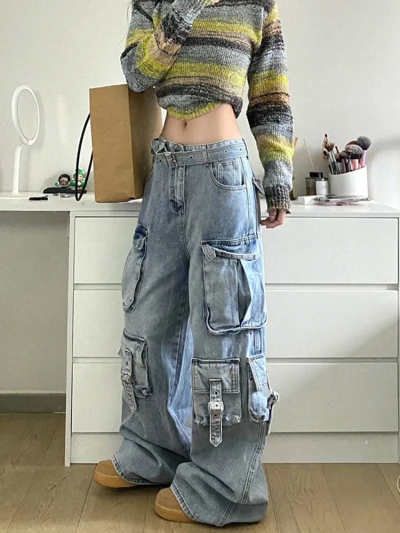 Girlary Autumn Winter New Ladies Cargo Jeans American Street Style Baggy Cargo Pants Women Blue Multi-pocket Wide Leg Jeans for Women