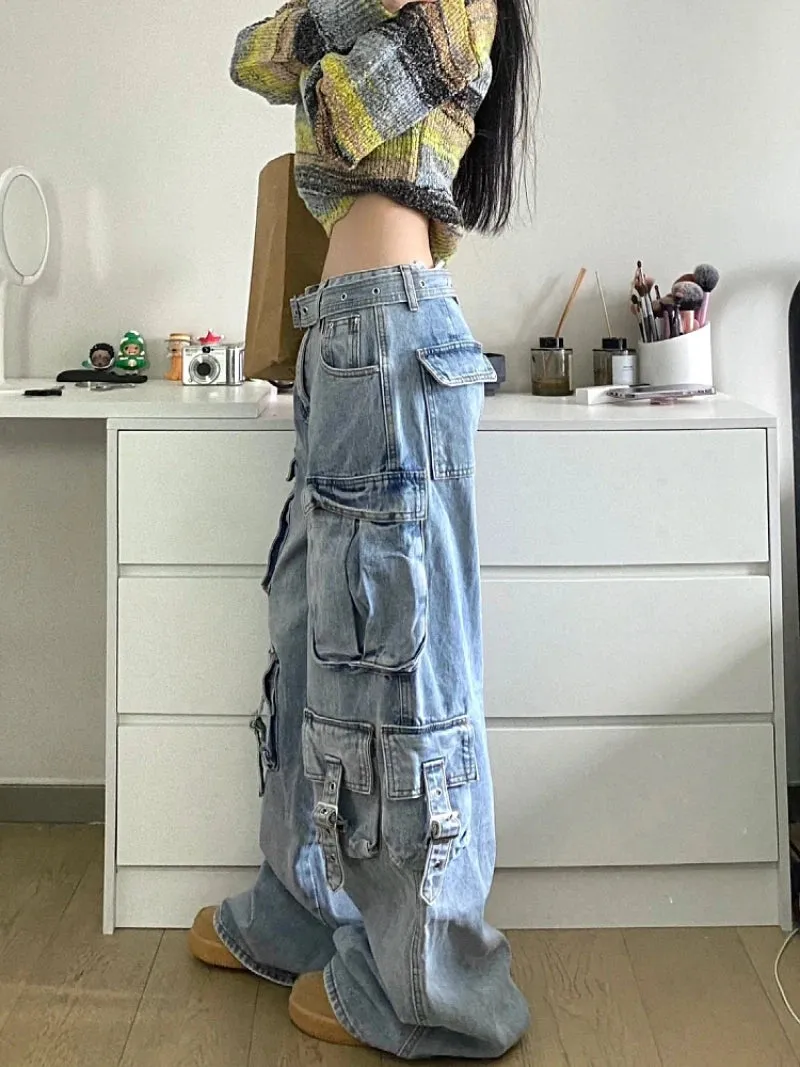 Girlary Autumn Winter New Ladies Cargo Jeans American Street Style Baggy Cargo Pants Women Blue Multi-pocket Wide Leg Jeans for Women