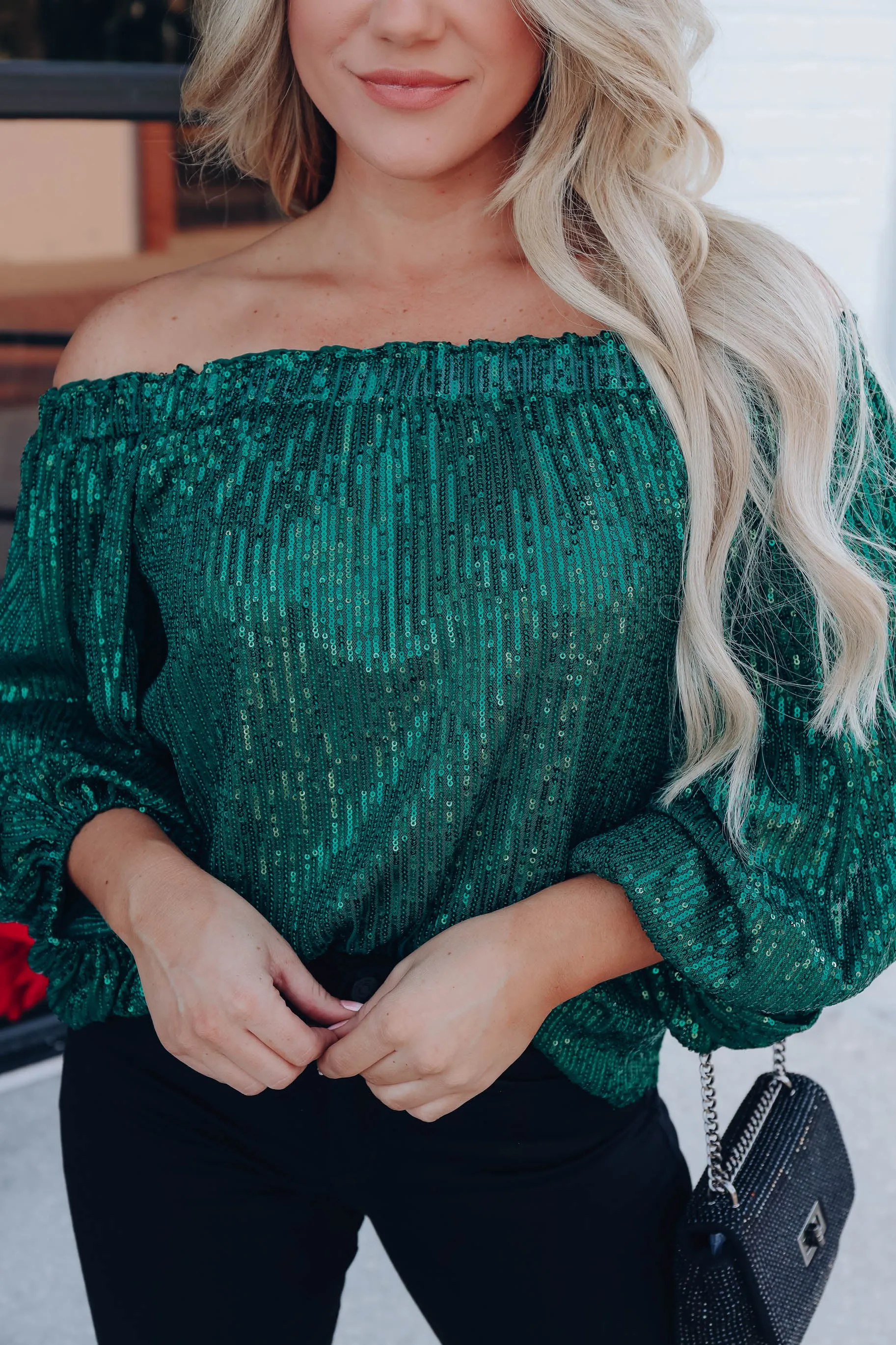 Glimmering Off The Shoulder Sequin Top - Green