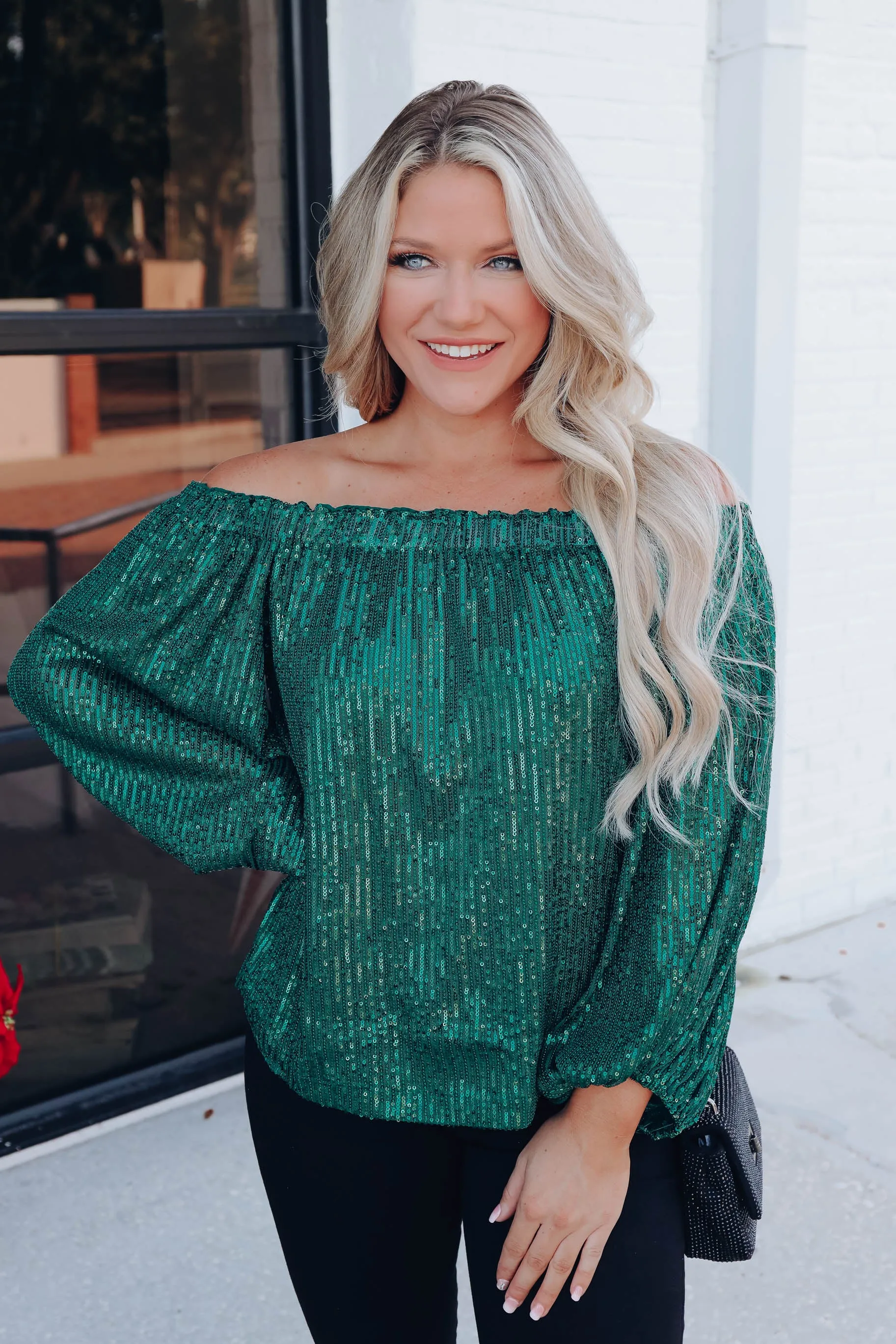 Glimmering Off The Shoulder Sequin Top - Green