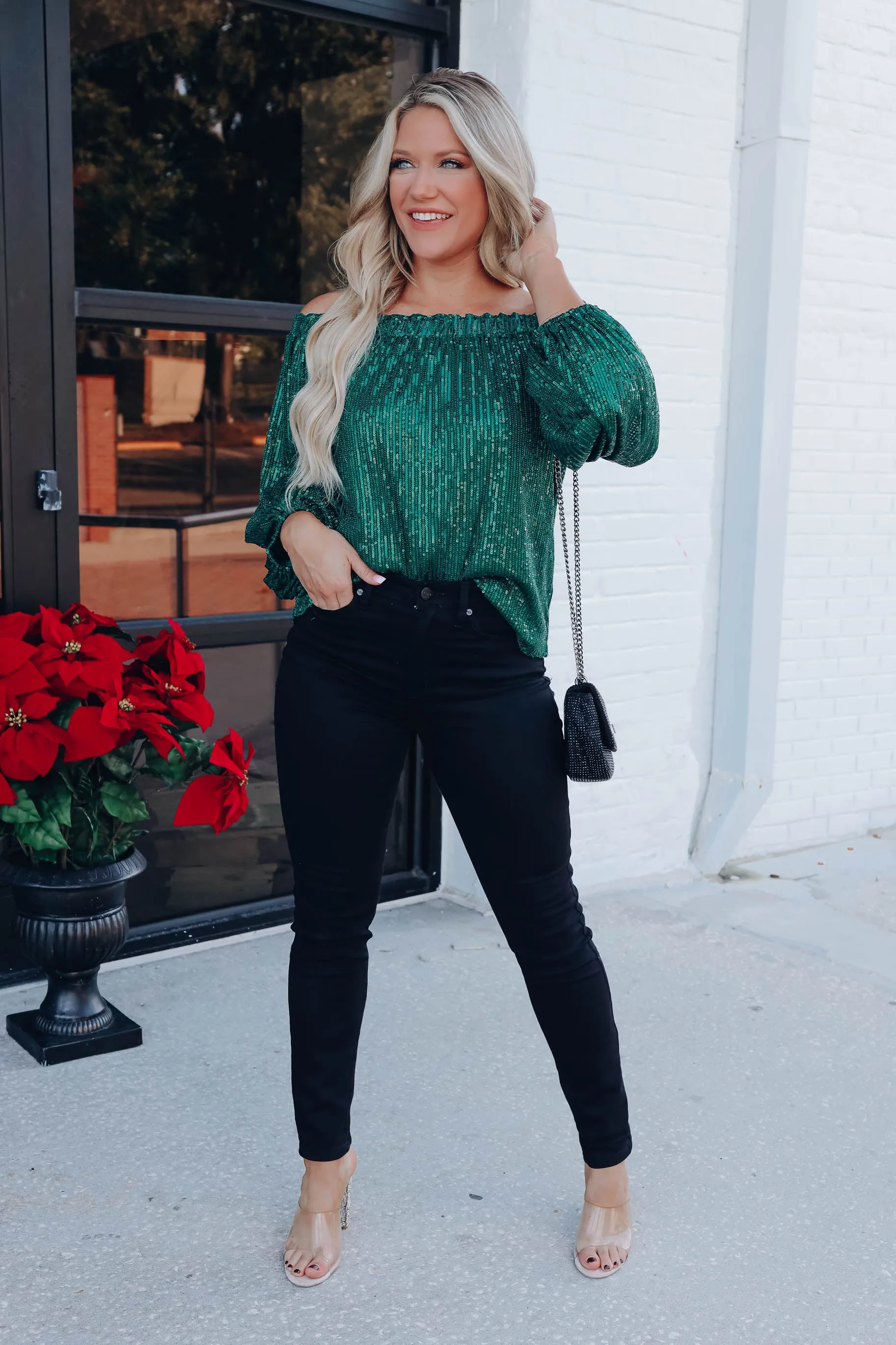 Glimmering Off The Shoulder Sequin Top - Green