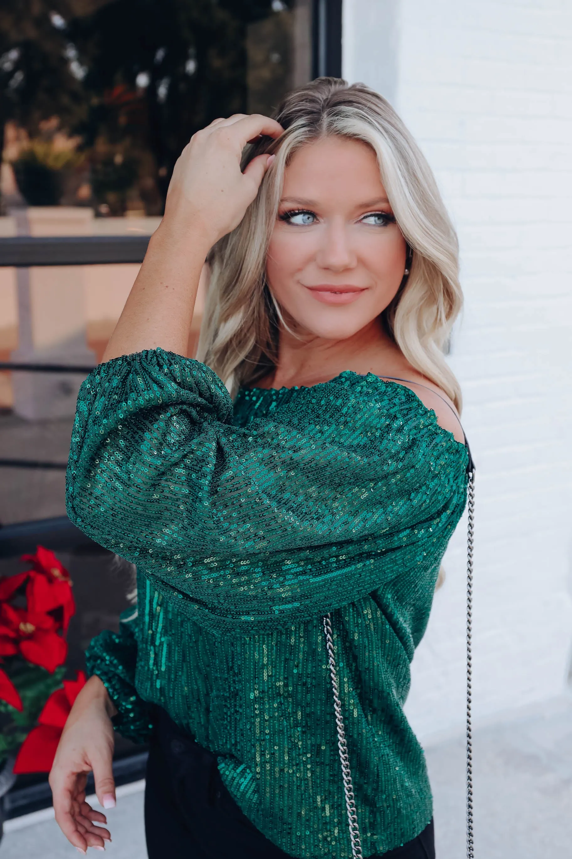 Glimmering Off The Shoulder Sequin Top - Green