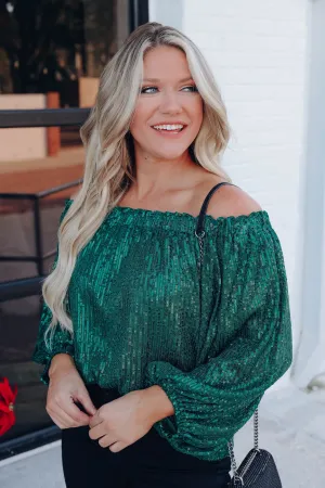Glimmering Off The Shoulder Sequin Top - Green