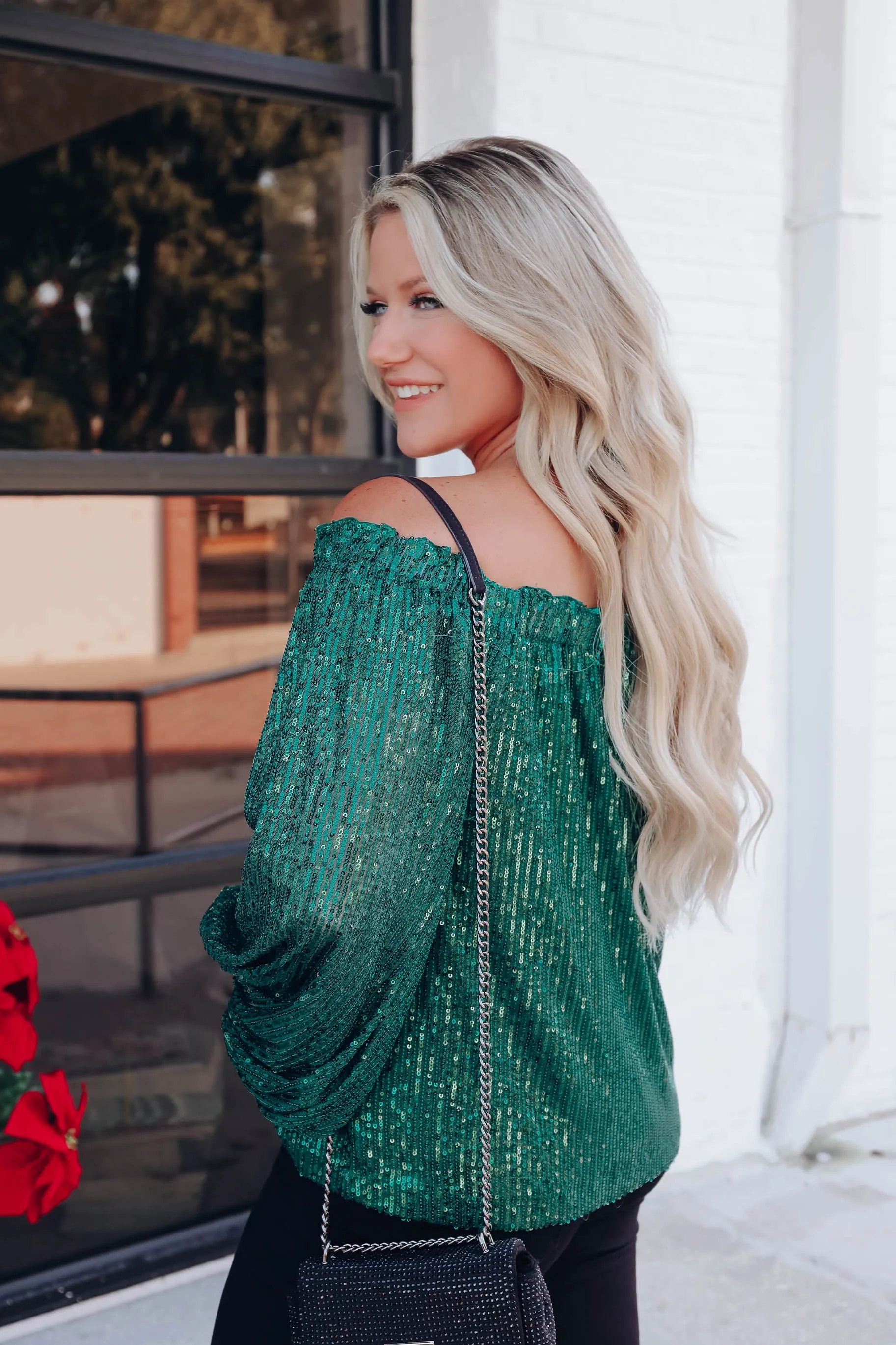 Glimmering Off The Shoulder Sequin Top - Green
