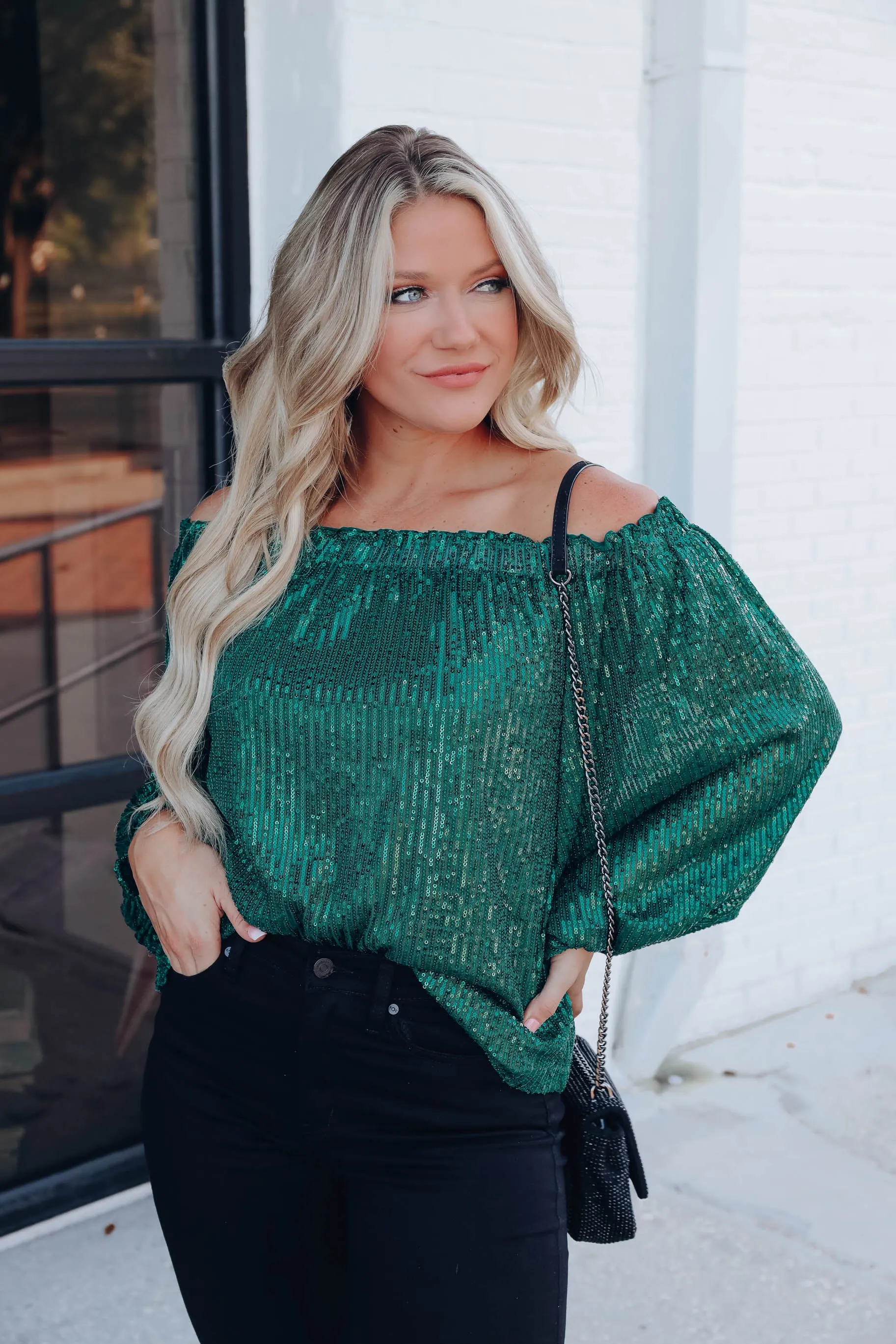 Glimmering Off The Shoulder Sequin Top - Green