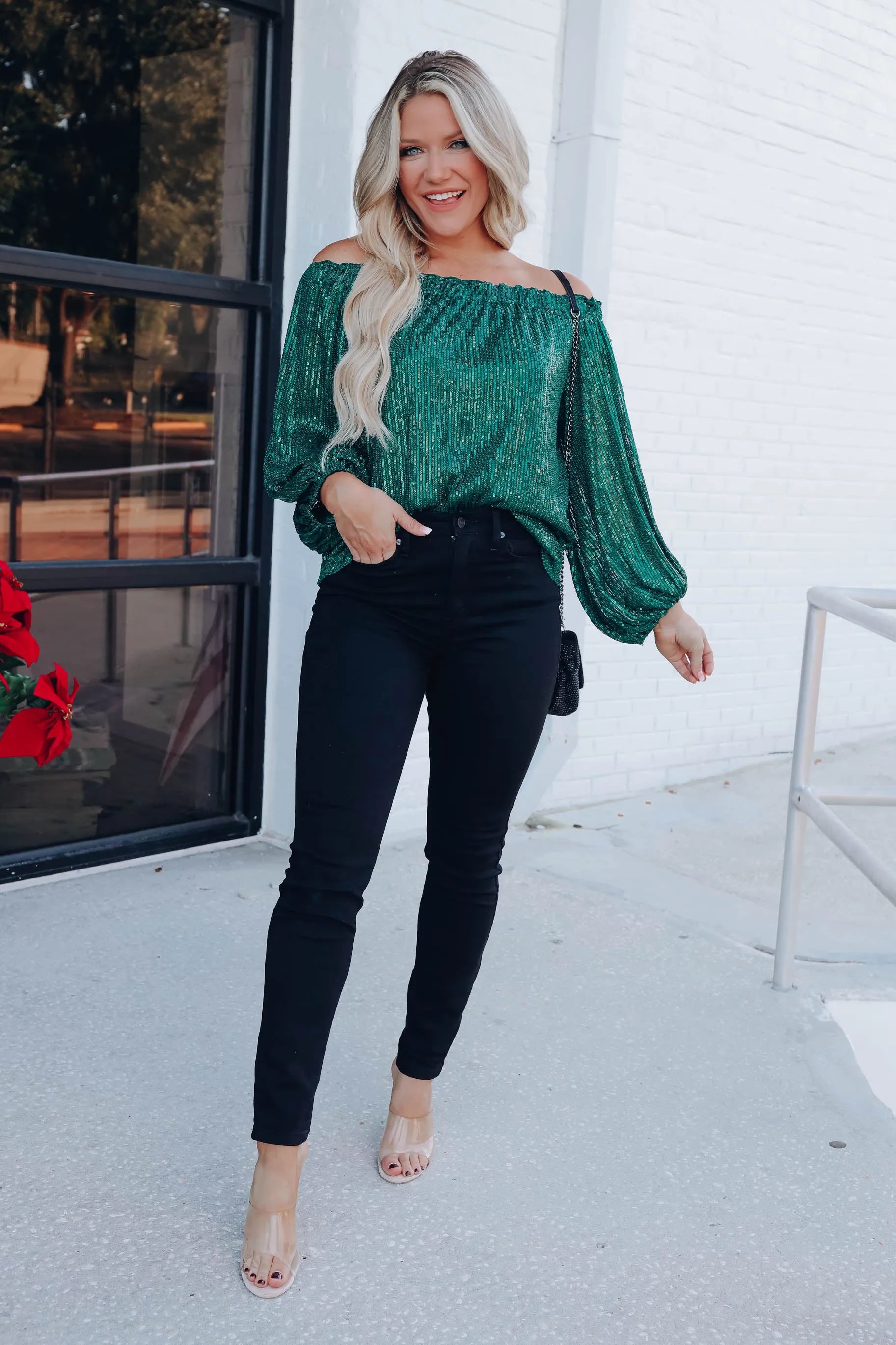 Glimmering Off The Shoulder Sequin Top - Green