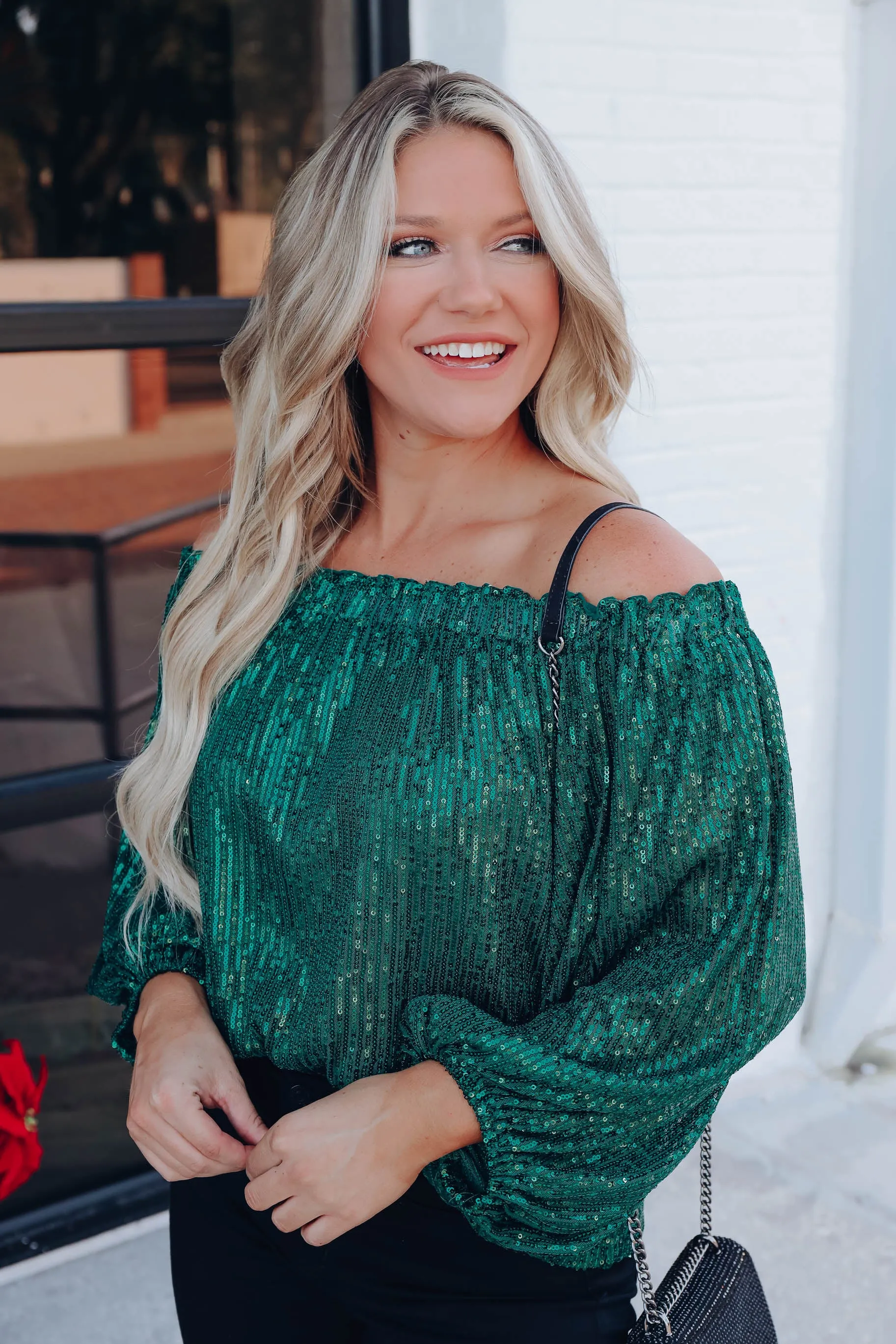 Glimmering Off The Shoulder Sequin Top - Green