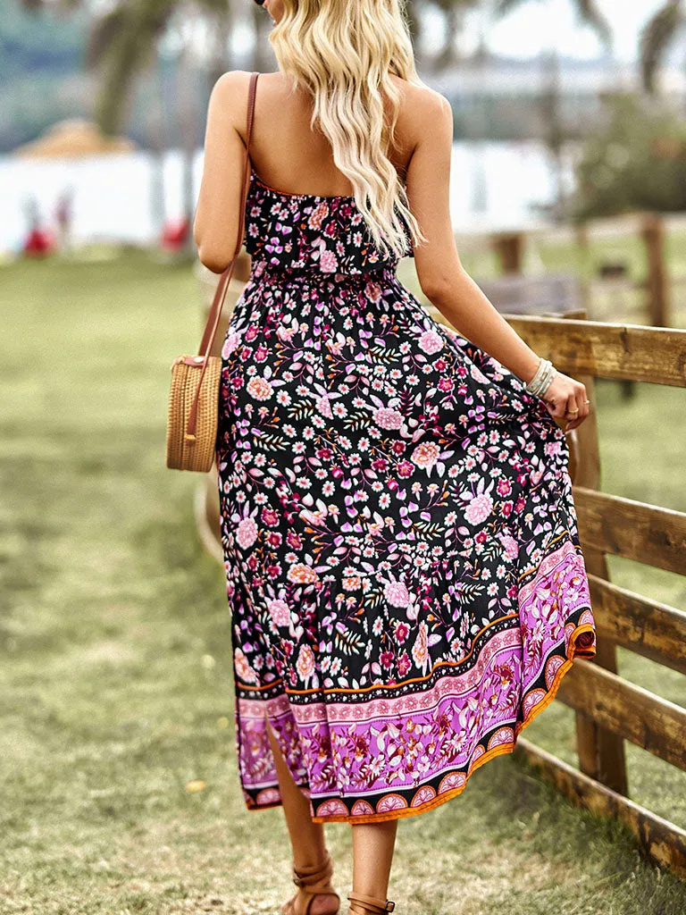 Green Sleeveless Ruffles Floral Print Bohemia Holiday Dress For Women