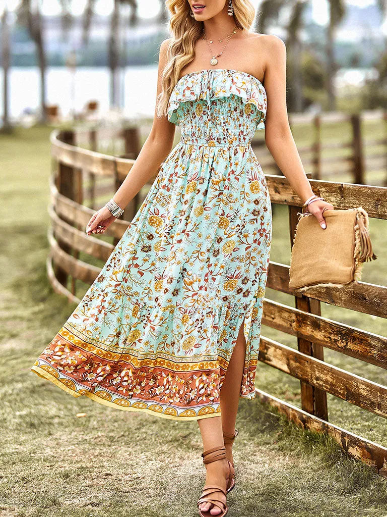Green Sleeveless Ruffles Floral Print Bohemia Holiday Dress For Women