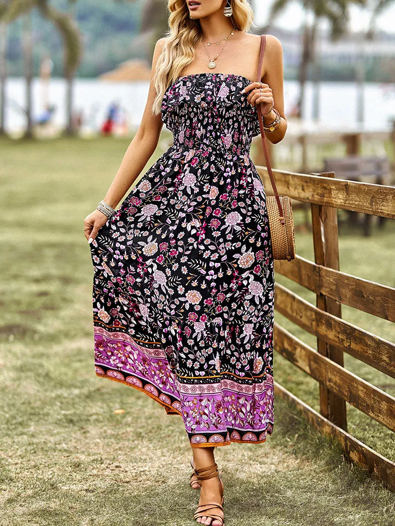 Green Sleeveless Ruffles Floral Print Bohemia Holiday Dress For Women