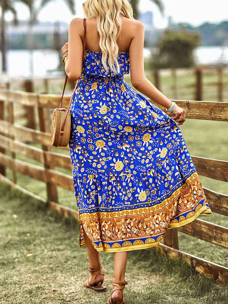 Green Sleeveless Ruffles Floral Print Bohemia Holiday Dress For Women