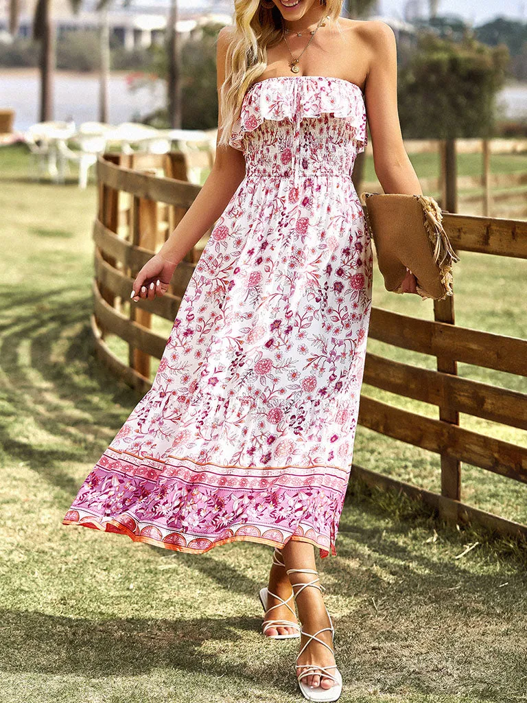 Green Sleeveless Ruffles Floral Print Bohemia Holiday Dress For Women