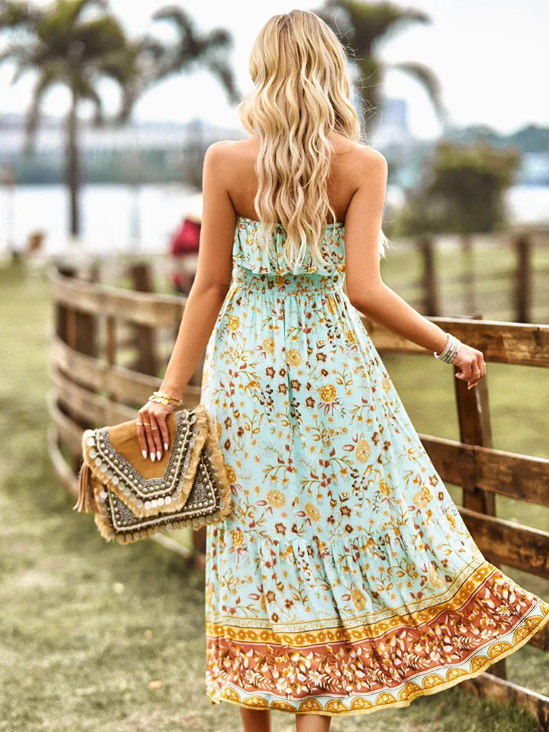 Green Sleeveless Ruffles Floral Print Bohemia Holiday Dress For Women