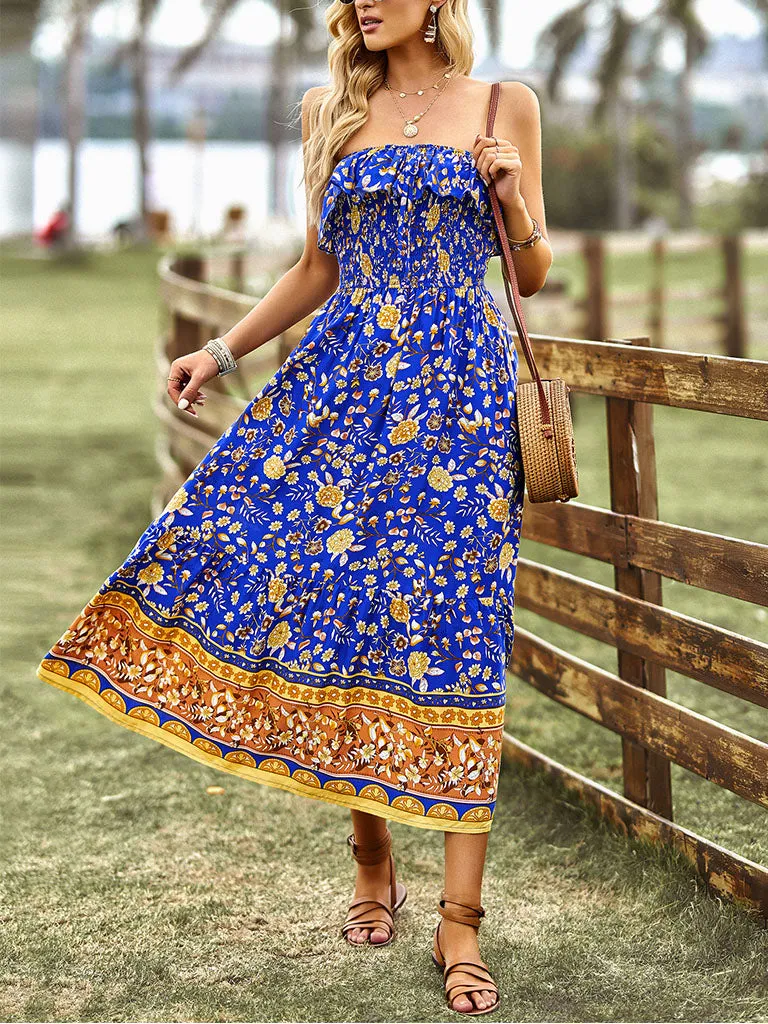 Green Sleeveless Ruffles Floral Print Bohemia Holiday Dress For Women