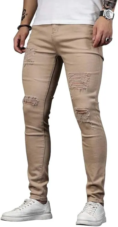 HUNGSON Men's Blue Slim Fit Jeans Stretch Destroyed Ripped Skinny Jeans Side Striped Denim Pants