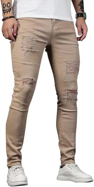HUNGSON Men's Blue Slim Fit Jeans Stretch Destroyed Ripped Skinny Jeans Side Striped Denim Pants
