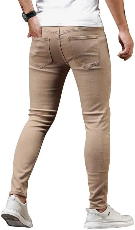 HUNGSON Men's Blue Slim Fit Jeans Stretch Destroyed Ripped Skinny Jeans Side Striped Denim Pants