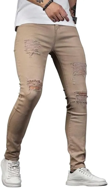 HUNGSON Men's Blue Slim Fit Jeans Stretch Destroyed Ripped Skinny Jeans Side Striped Denim Pants