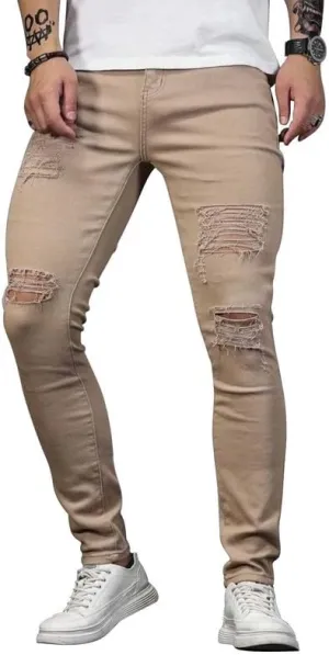 HUNGSON Men's Blue Slim Fit Jeans Stretch Destroyed Ripped Skinny Jeans Side Striped Denim Pants