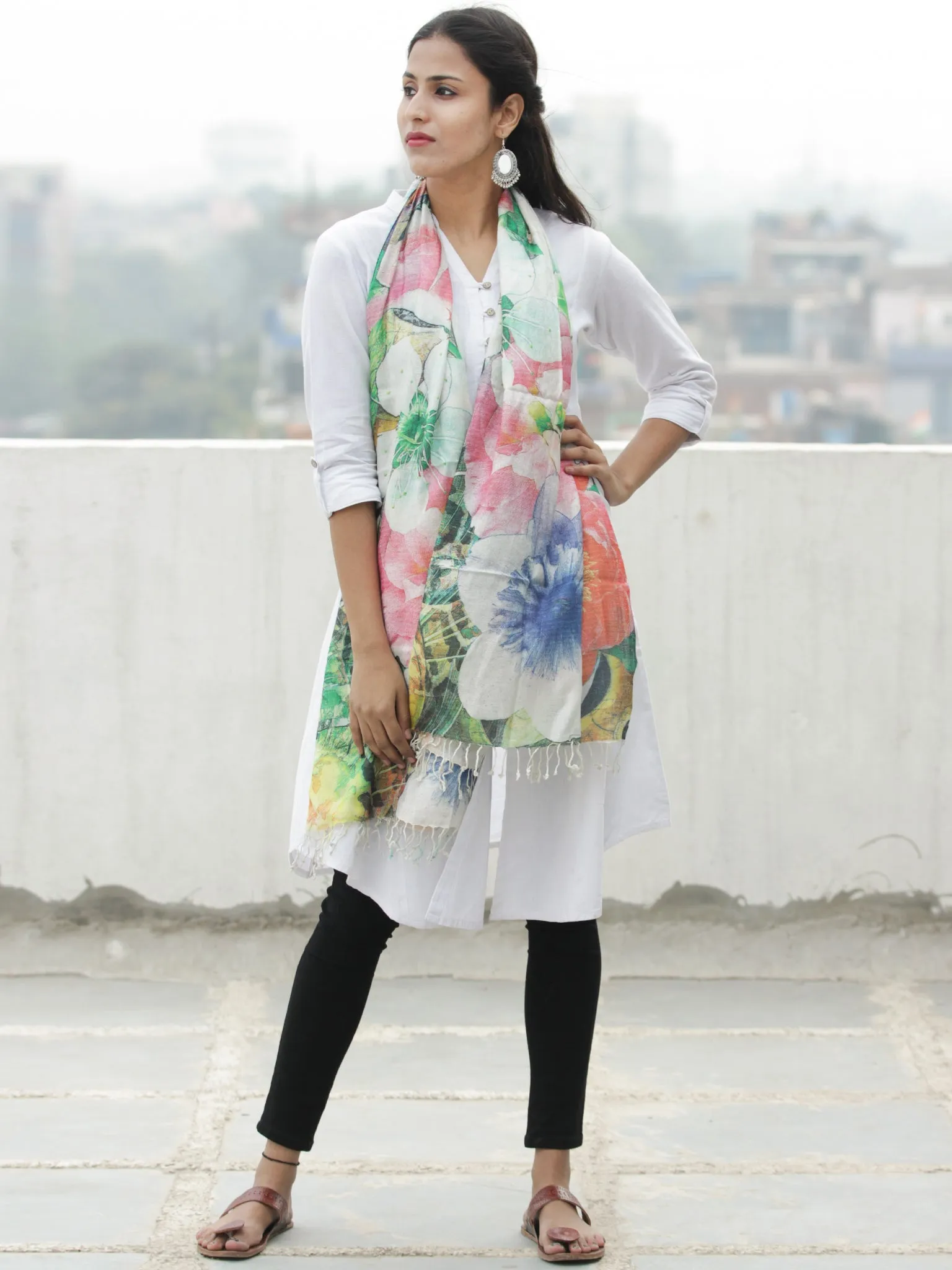Ivory Multi Color Digital Print Modal Silk Wool Kashmiri Stole - S200610