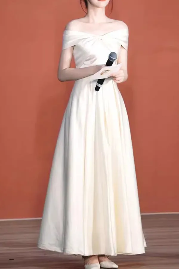 Ivory Off the Shoulder Long Prom Dress with Lace Up Back, A Line Formal Gown UQP0314