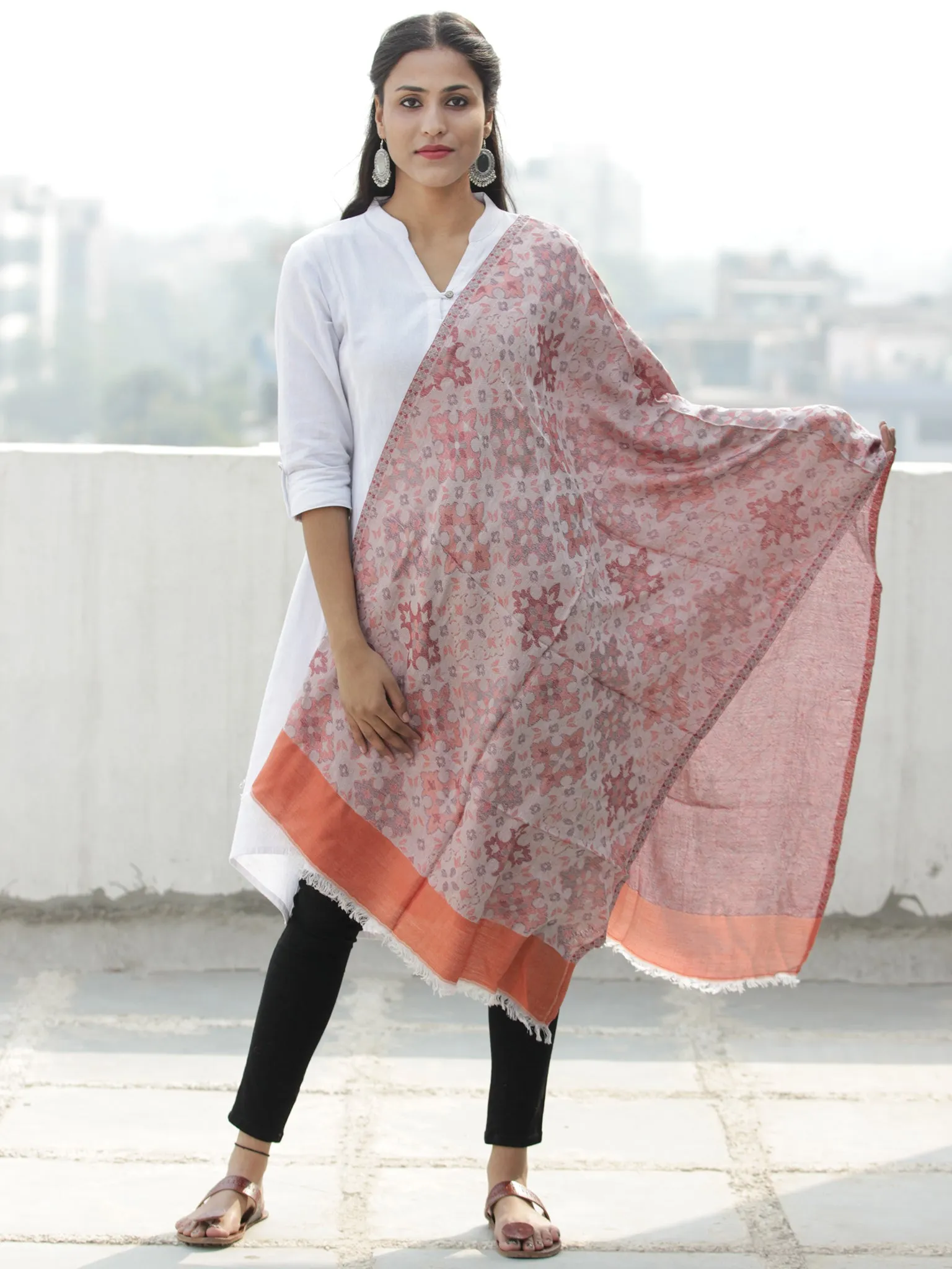 Ivory Rust Jamavar weaved Modal Silk Wool Kashmiri Stole - S200552