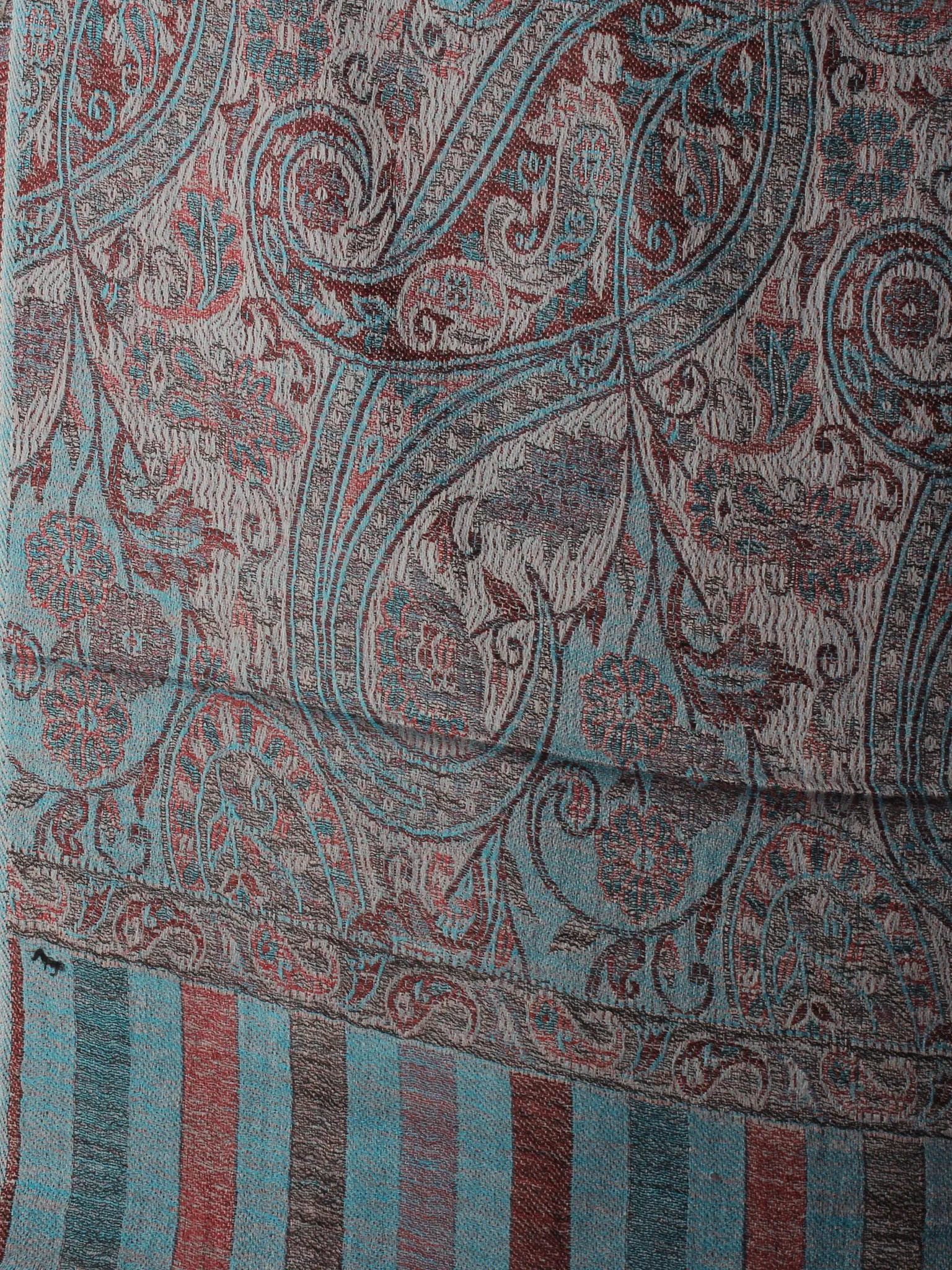 Ivory Sky Blue Maroon Pure Wool Jamawar Cashmere Stole from Kashmir - S6317114