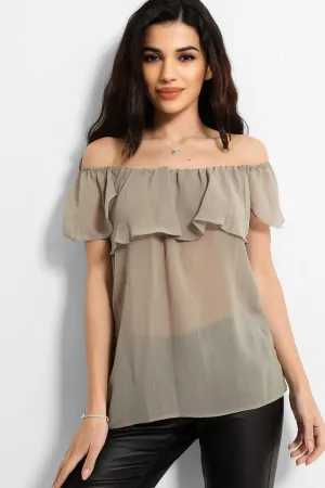 Khaki Off The Shoulder Semi Sheer Top