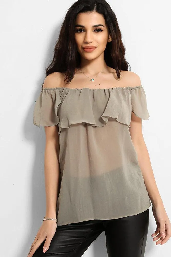 Khaki Off The Shoulder Semi Sheer Top