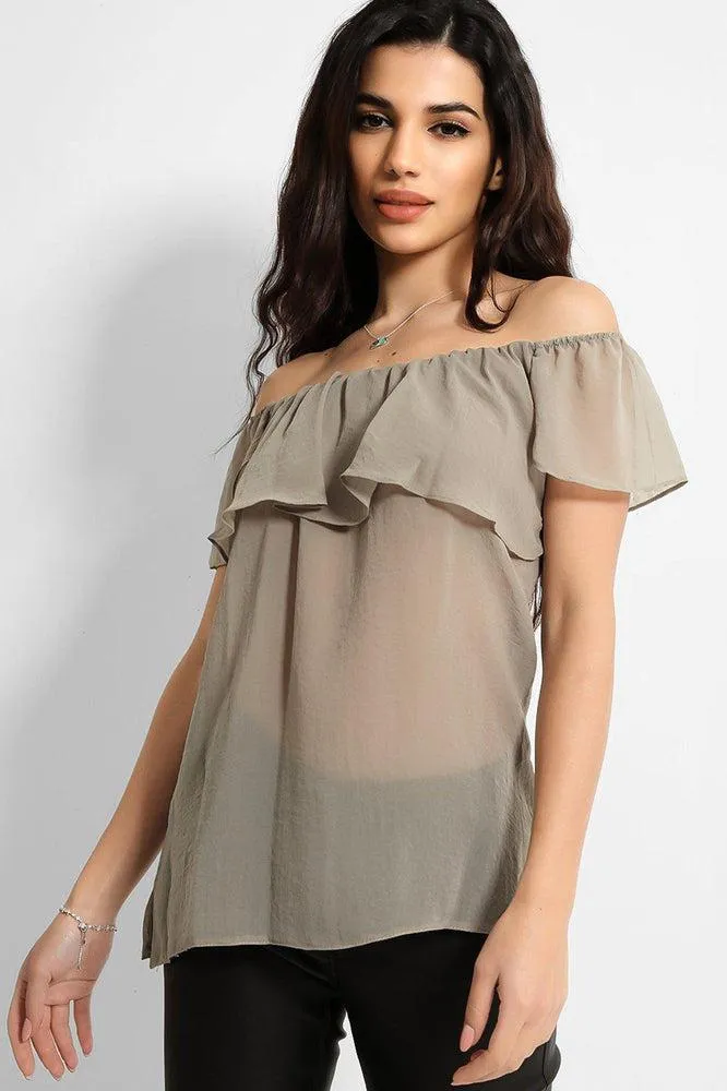 Khaki Off The Shoulder Semi Sheer Top