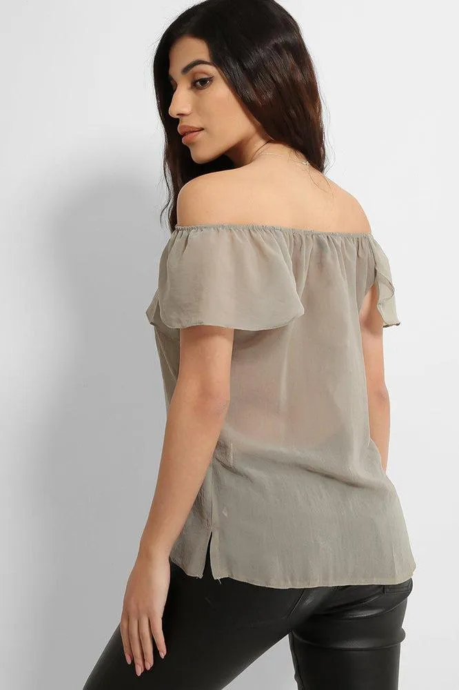 Khaki Off The Shoulder Semi Sheer Top