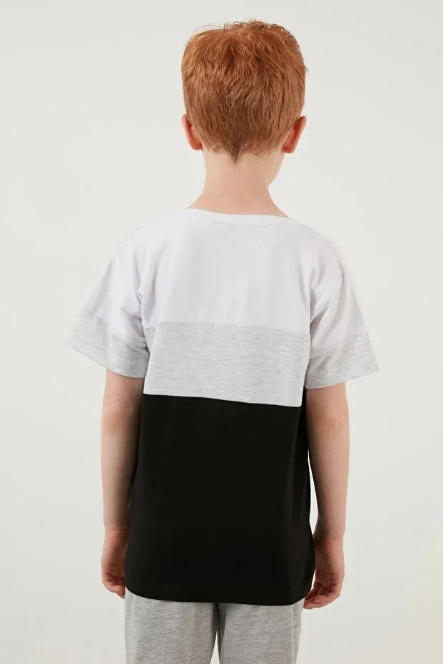 Lela Boy's Grey Color Block Crew Neck Cotton T-Shirt
