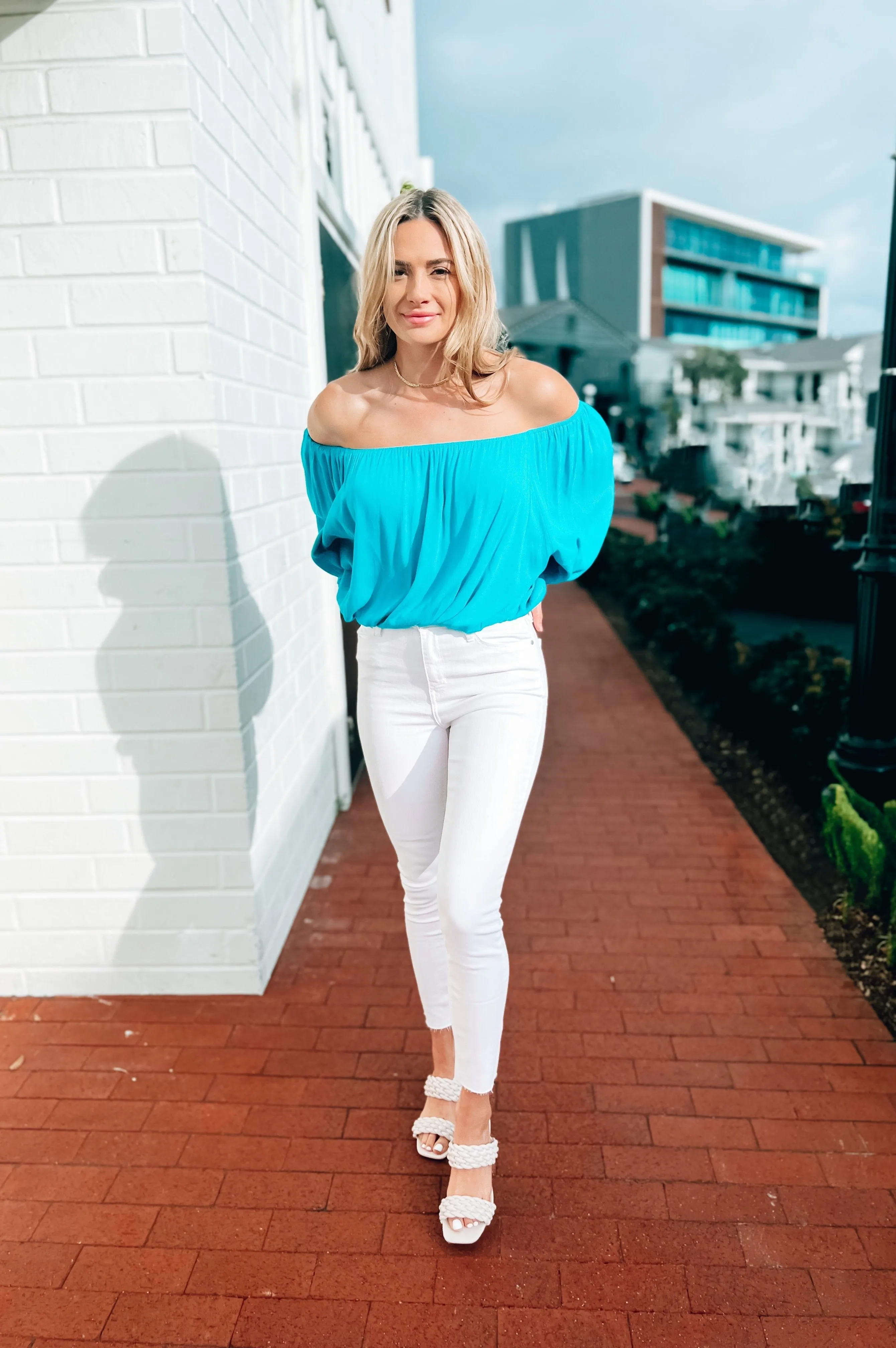 Let's Get Tropical Off the Shoulder Top Turquoise