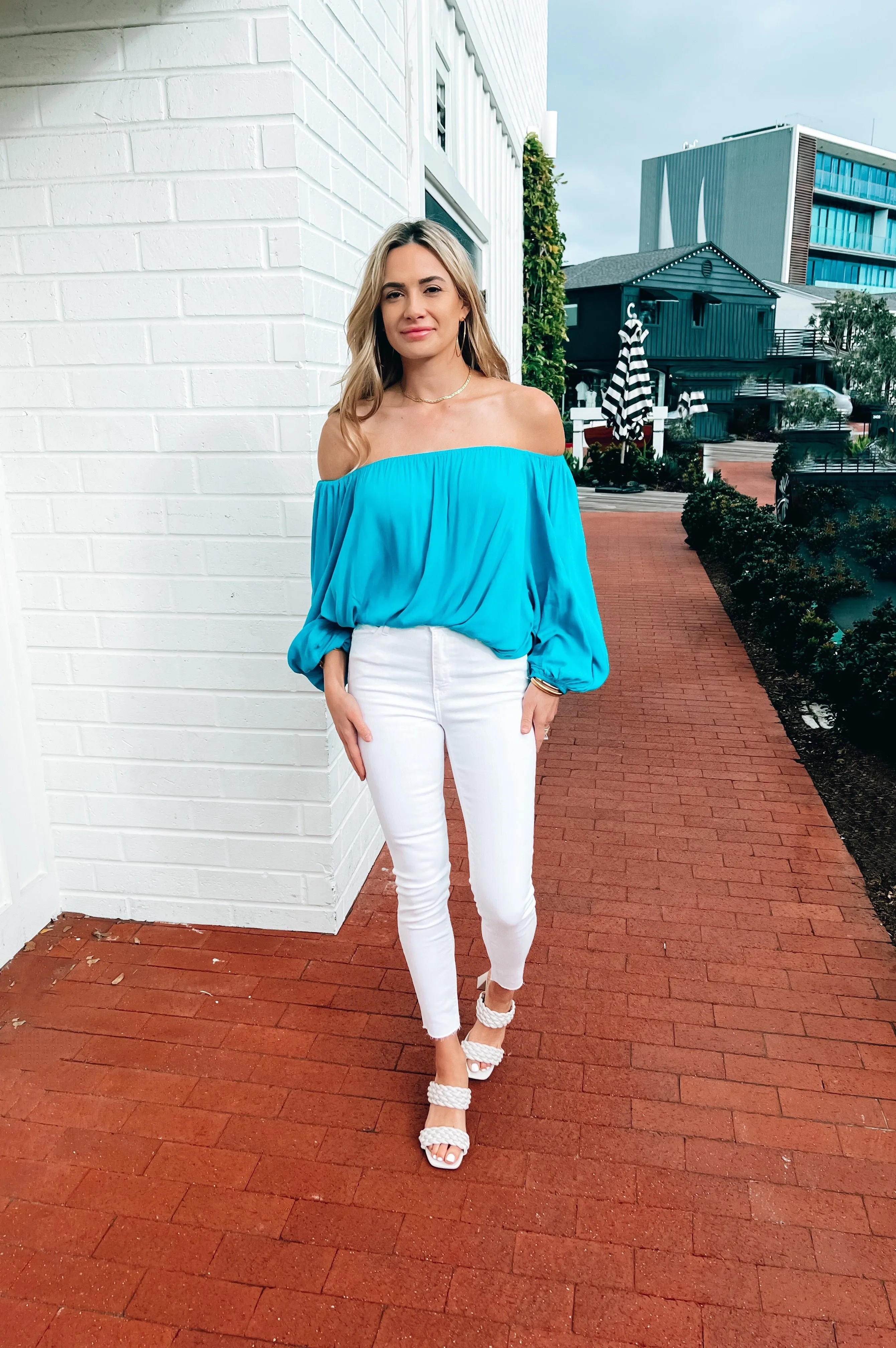 Let's Get Tropical Off the Shoulder Top Turquoise