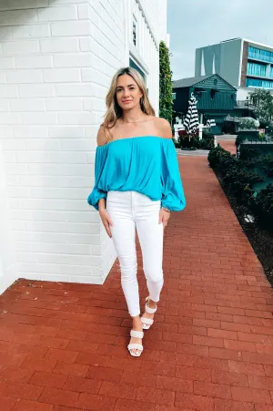 Let's Get Tropical Off the Shoulder Top Turquoise