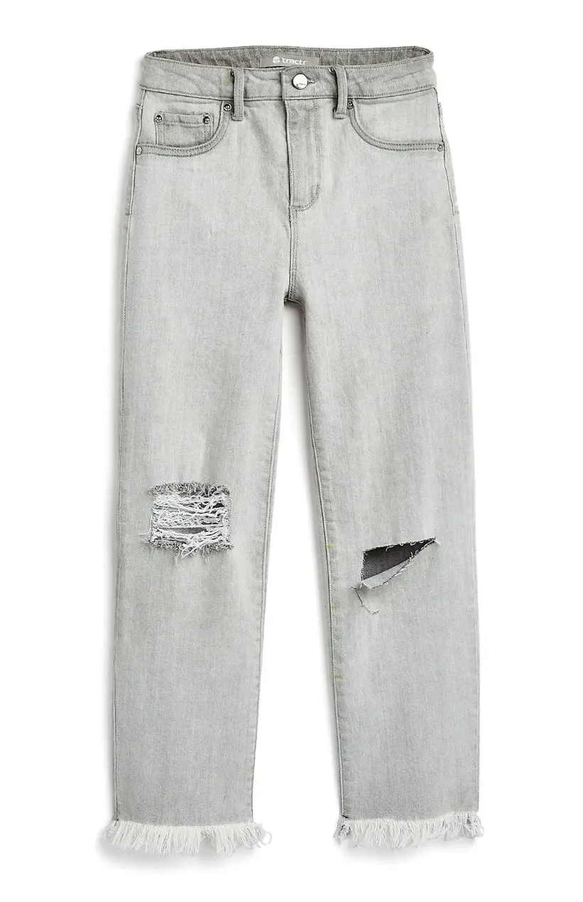 Light Grey High Rise Distressed Straight Cut Denim