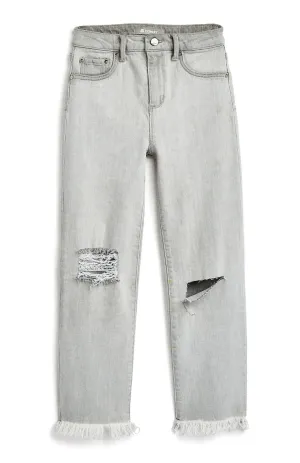 Light Grey High Rise Distressed Straight Cut Denim