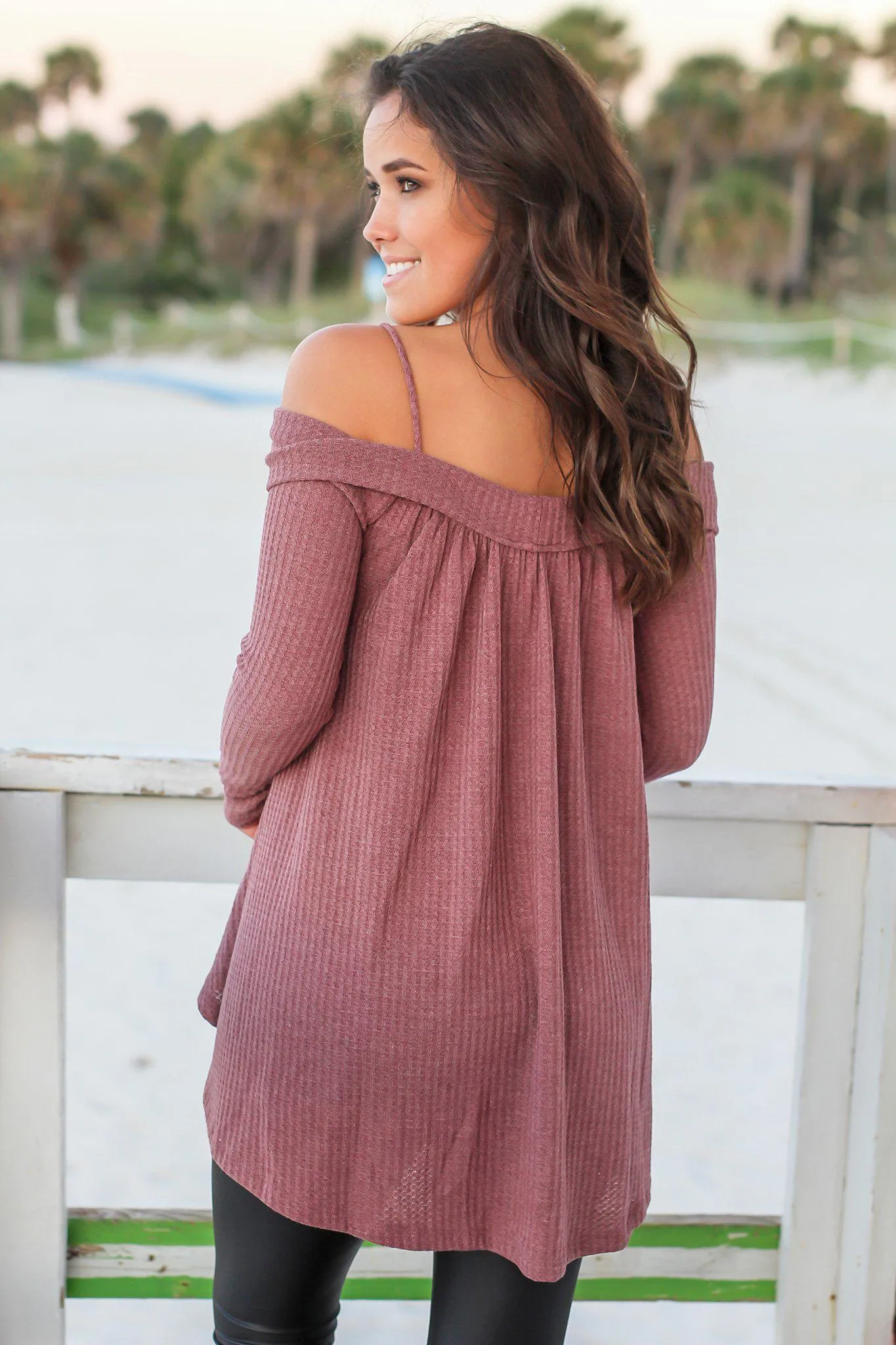 Light Maroon Knit Off Shoulder Tunic