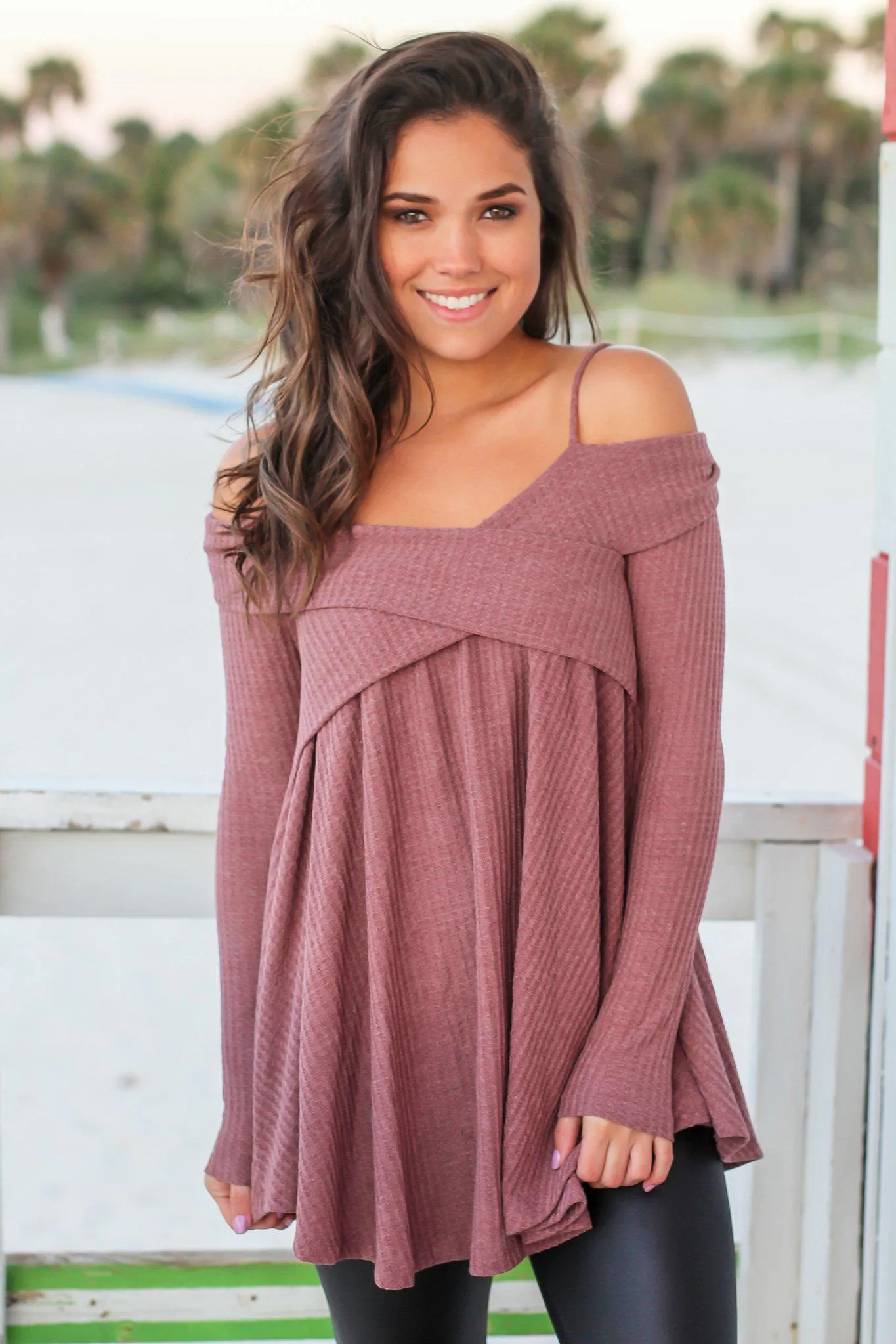 Light Maroon Knit Off Shoulder Tunic