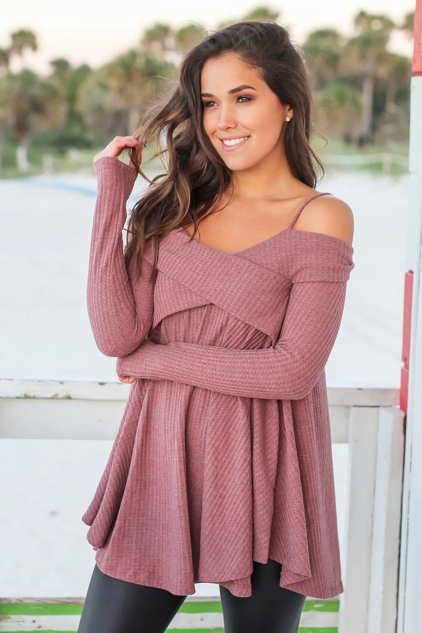 Light Maroon Knit Off Shoulder Tunic