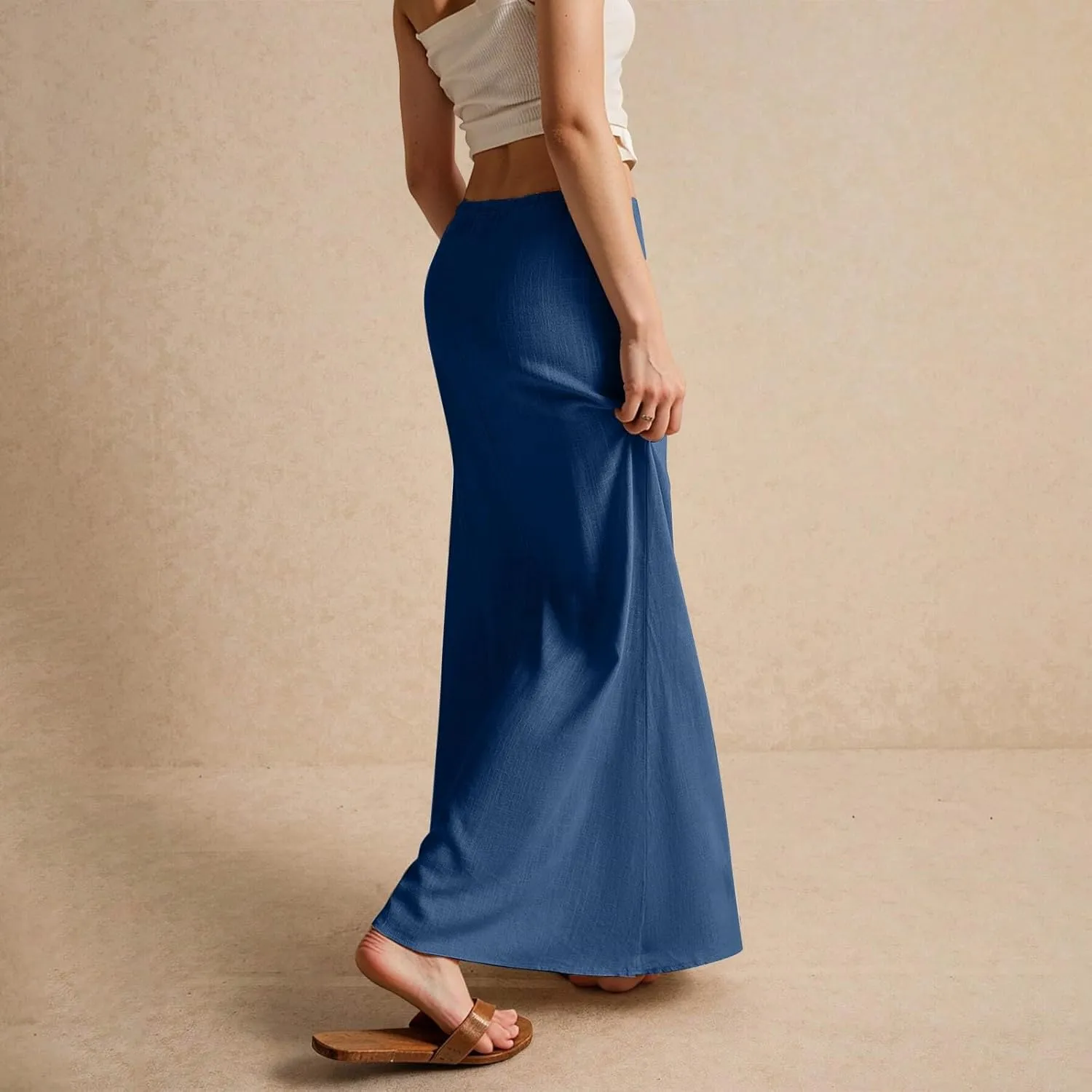 Linen Maxi Skirts for Women Summer Trendy Drawstring Waisted Comfy A Line Long Skirt Boho Flowy Vacation Beach Skirt