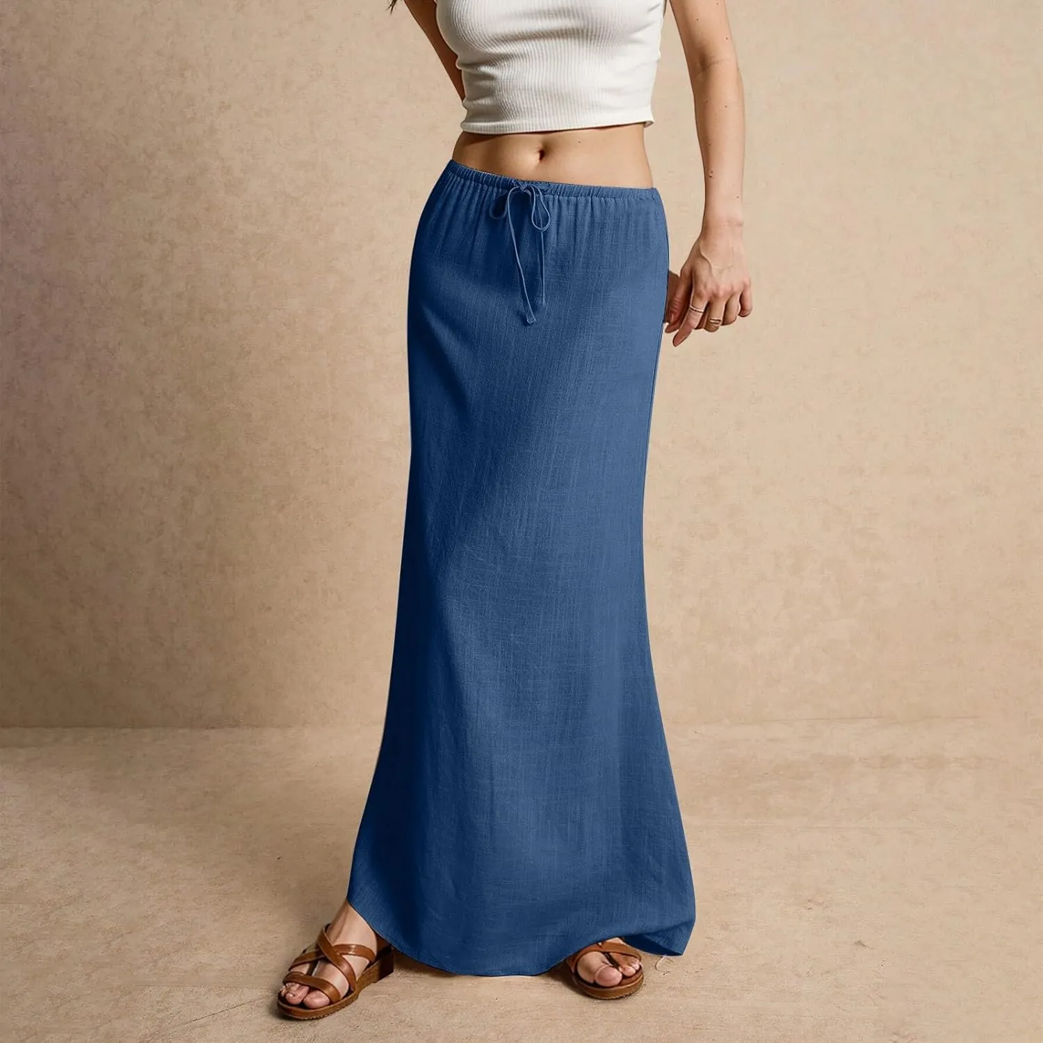 Linen Maxi Skirts for Women Summer Trendy Drawstring Waisted Comfy A Line Long Skirt Boho Flowy Vacation Beach Skirt